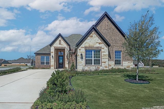 223 Azalea Aly, Castroville, TX 78009 - french country style house featuring stone siding, a front lawn, and brick siding