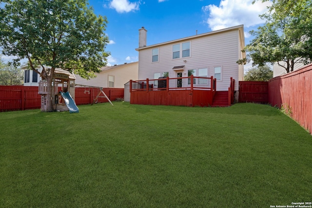 3738 Sumantra, San Antonio, TX 78261 - back of house with a chimney, a playground, and a wooden deck
