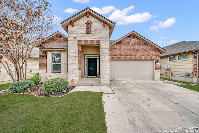 13410 Canyon Mdws, San Antonio, TX 78254 - view of front of house with stone siding, an attached garage, driveway, a front yard, and brick siding