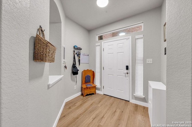 13410 Canyon Mdws, San Antonio, TX 78254 - foyer entrance with light wood-style floors, a textured wall, and baseboards