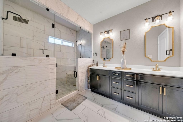 13410 Canyon Mdws, San Antonio, TX 78254 - full bathroom with marble finish floors, double vanity, and a stall shower