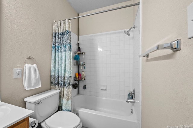22841 San Saba Blf, San Antonio, TX 78258 - bathroom with a textured wall, shower / bath combination with curtain, toilet, and vanity