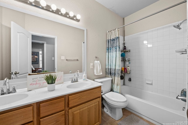 22841 San Saba Blf, San Antonio, TX 78258 - bathroom with toilet, shower / bath combo, tile patterned flooring, and double vanity