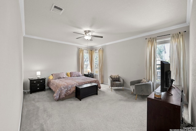 22841 San Saba Blf, San Antonio, TX 78258 - carpeted bedroom featuring crown molding, multiple windows, baseboards, and a ceiling fan