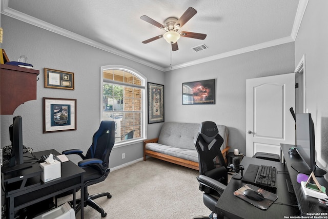 22841 San Saba Blf, San Antonio, TX 78258 - carpeted office space with ceiling fan, ornamental molding, and baseboards