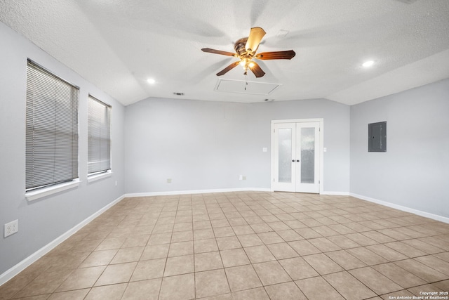 8255 Misty Willow, San Antonio, TX 78250 - spare room with vaulted ceiling, electric panel, french doors, ceiling fan, and recessed lighting
