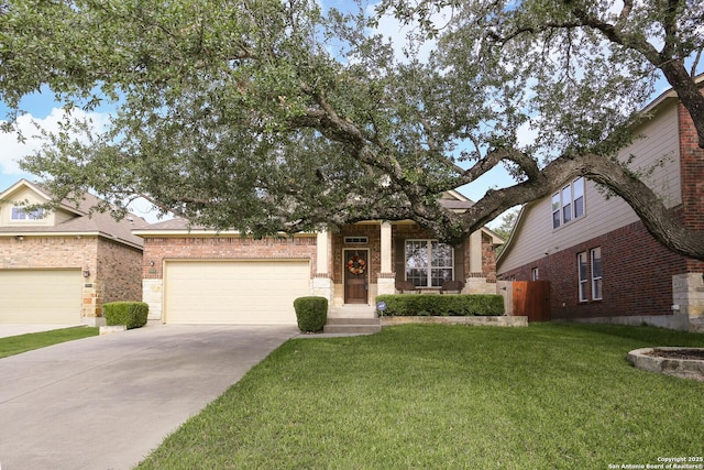 26940 Rustic Brk, San Antonio, TX 78261 - view of front facade with a front yard, driveway, an attached garage, and brick siding