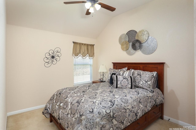 26940 Rustic Brk, San Antonio, TX 78261 - bedroom with lofted ceiling, light colored carpet, baseboards, and ceiling fan