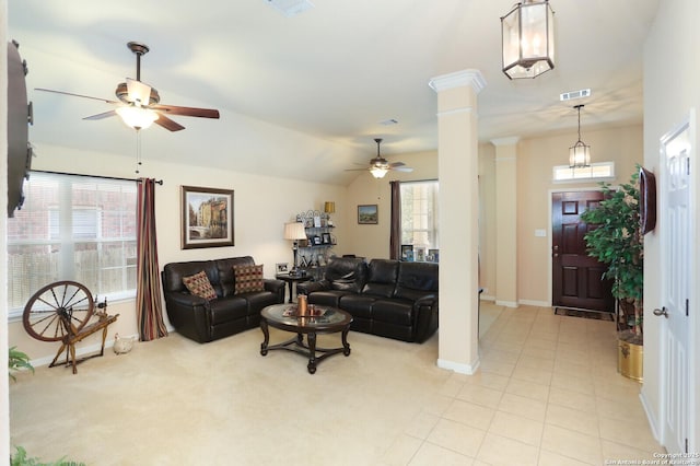 26940 Rustic Brk, San Antonio, TX 78261 - living room with a ceiling fan, decorative columns, baseboards, lofted ceiling, and light colored carpet
