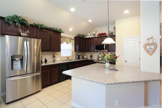 26940 Rustic Brk, San Antonio, TX 78261 - kitchen featuring appliances with stainless steel finishes, a sink, dark brown cabinets, light tile patterned floors, and light stone counters