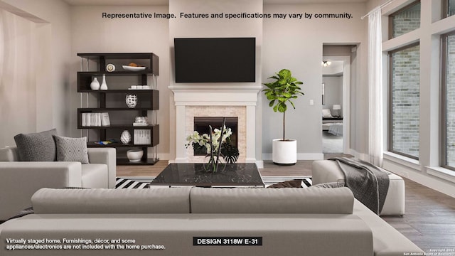 living room featuring wood finished floors, a premium fireplace, and baseboards