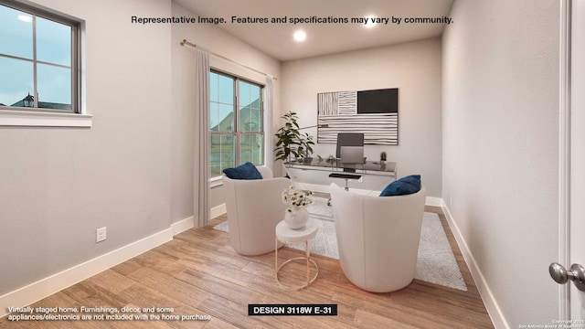 office with baseboards, wood finished floors, and recessed lighting
