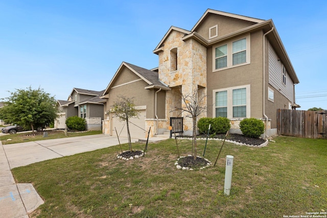8515 Desert Cv, San Antonio, TX 78254 - view of front facade with stone siding, concrete driveway, and stucco siding