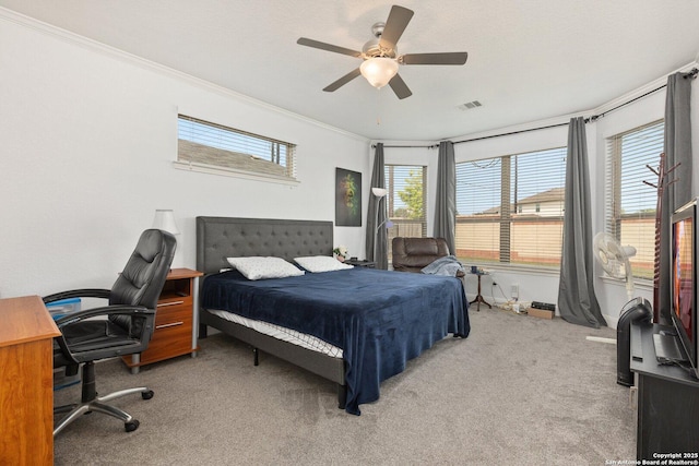 8515 Desert Cv, San Antonio, TX 78254 - carpeted bedroom featuring crown molding, a desk, and ceiling fan