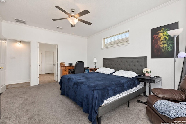 8515 Desert Cv, San Antonio, TX 78254 - carpeted bedroom with crown molding, an office area, a ceiling fan, and baseboards