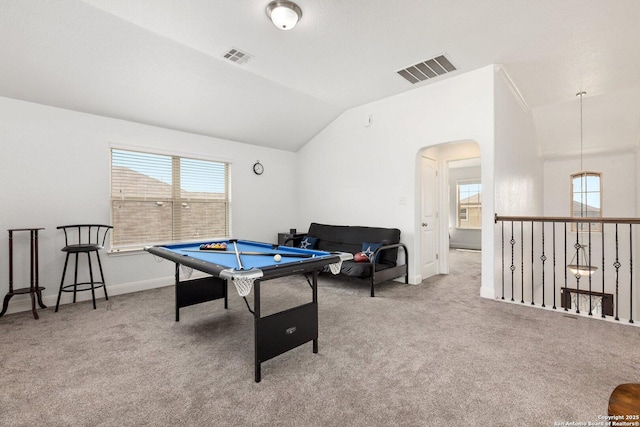 8515 Desert Cv, San Antonio, TX 78254 - rec room with lofted ceiling, carpet floors, arched walkways, billiards table, and baseboards