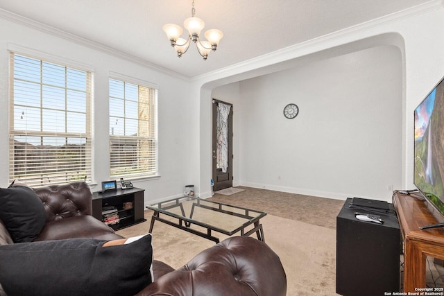 8515 Desert Cv, San Antonio, TX 78254 - living room with a chandelier, ornamental molding, carpet, and baseboards