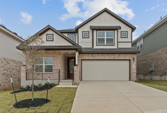 178 Jax Loop, San Antonio, TX 78253 - view of front facade featuring brick siding, a garage, board and batten siding, a porch, and a front yard