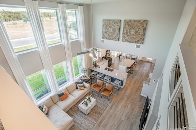 178 Jax Loop, San Antonio, TX 78253 - living room with a towering ceiling, wood finished floors, and a ceiling fan