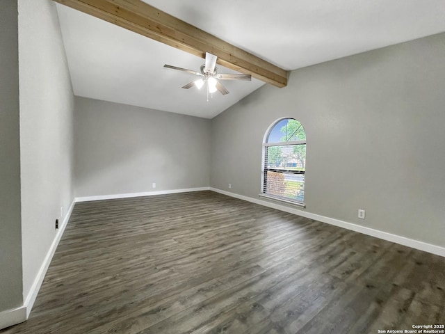 empty room featuring ceiling fan, dark wood-type flooring, and baseboards