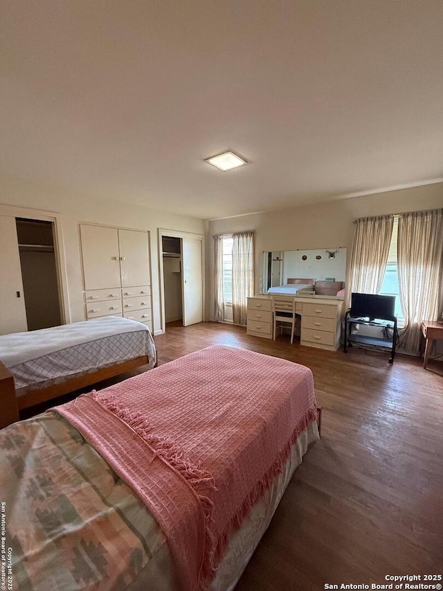 bedroom featuring wood finished floors and multiple closets