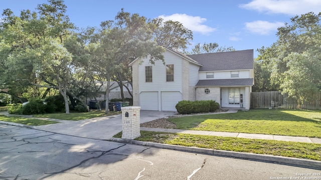 11819 Rousseau, San Antonio, TX 78251 - traditional home with an attached garage, driveway, a shingled roof, and brick siding