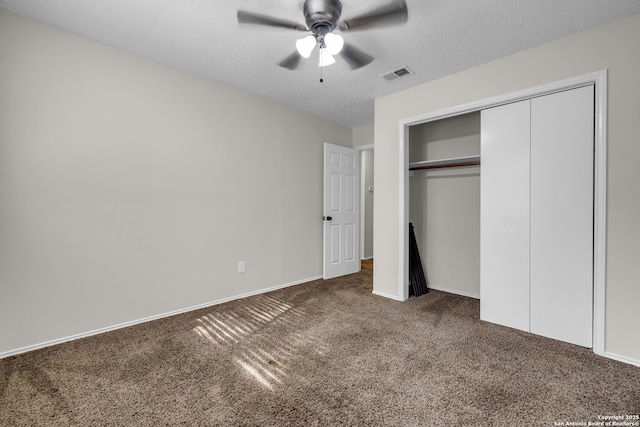11819 Rousseau, San Antonio, TX 78251 - unfurnished bedroom with carpet flooring, a closet, a textured ceiling, ceiling fan, and baseboards