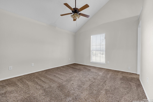 11819 Rousseau, San Antonio, TX 78251 - spare room with a ceiling fan, high vaulted ceiling, carpet flooring, and baseboards