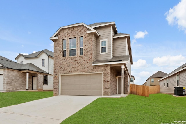 9326 Graze Land Dr, San Antonio, TX 78211 - traditional home with brick siding, central air condition unit, a garage, and concrete driveway