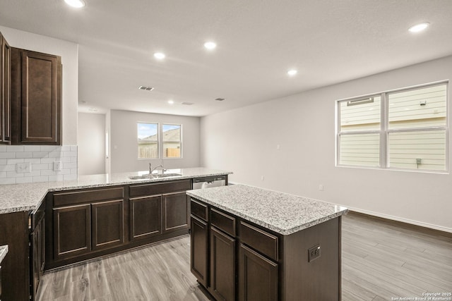 9318 Graze Land Dr, San Antonio, TX 78211 - kitchen featuring a sink, light wood-type flooring, recessed lighting, a peninsula, and dark brown cabinetry