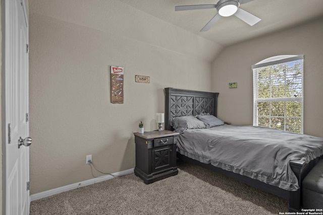11734 Violet Cv, San Antonio, TX 78253 - bedroom with carpet flooring, baseboards, vaulted ceiling, and ceiling fan