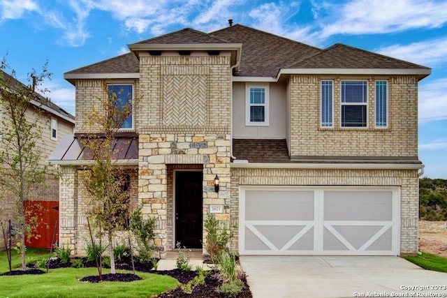 view of front of property featuring a garage, roof with shingles, driveway, stone siding, and stucco siding