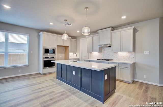 kitchen with stainless steel appliances, light wood finished floors, backsplash, light countertops, and a center island with sink