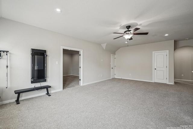 11526 Lily Blair, San Antonio, TX 78253 - unfurnished living room featuring ceiling fan, carpet flooring, recessed lighting, arched walkways, and baseboards