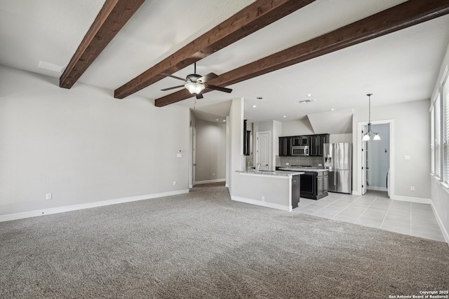 11526 Lily Blair, San Antonio, TX 78253 - unfurnished living room featuring light colored carpet, baseboards, a ceiling fan, light tile patterned floors, and beamed ceiling