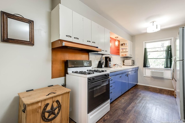 2027 Edgehill Dr, San Antonio, TX 78209 - kitchen featuring white appliances, under cabinet range hood, tasteful backsplash, blue cabinetry, and white cabinets
