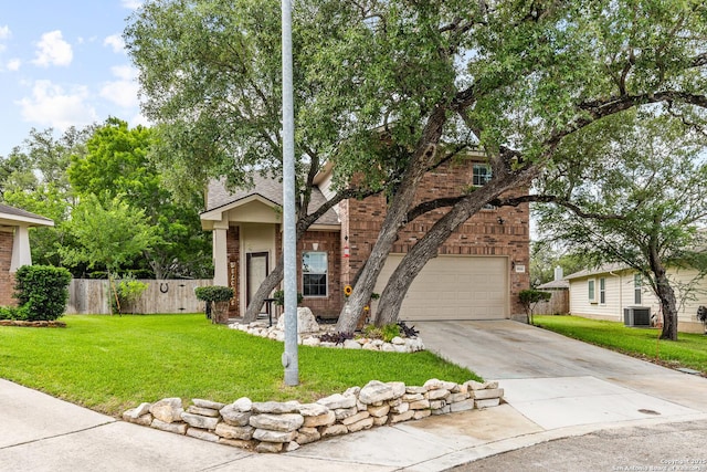 view of property hidden behind natural elements with cooling unit, driveway, brick siding, and an attached garage