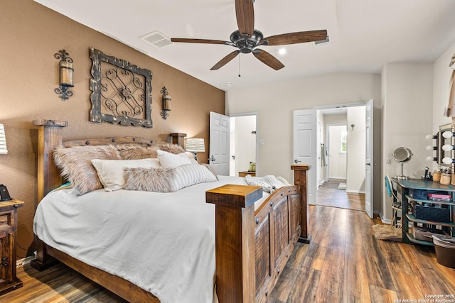 bedroom with wood finished floors and a ceiling fan