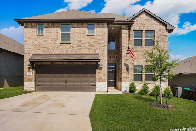 10259 Juniper Oaks, Boerne, TX 78006 - view of front of house with driveway, central air condition unit, a garage, a front yard, and brick siding