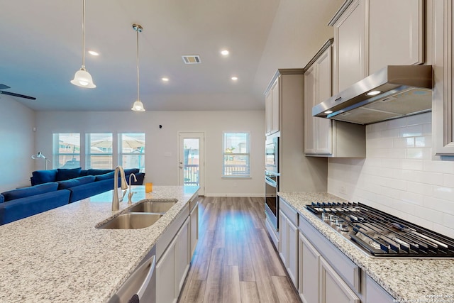 10259 Juniper Oaks, Boerne, TX 78006 - kitchen featuring a sink, stainless steel appliances, light wood-style floors, open floor plan, and healthy amount of natural light