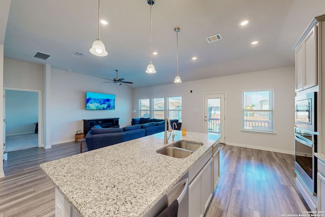 10259 Juniper Oaks, Boerne, TX 78006 - kitchen featuring a sink, stainless steel appliances, light wood-style flooring, ceiling fan, and open floor plan