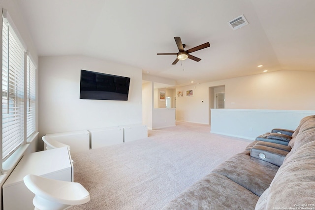 10259 Juniper Oaks, Boerne, TX 78006 - carpeted living room with vaulted ceiling, a ceiling fan, and recessed lighting