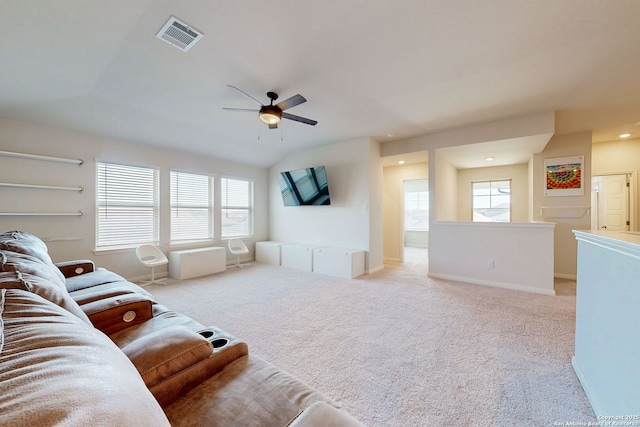 10259 Juniper Oaks, Boerne, TX 78006 - carpeted living room with a ceiling fan, baseboards, recessed lighting, and vaulted ceiling