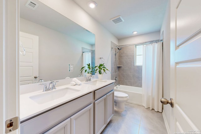 10259 Juniper Oaks, Boerne, TX 78006 - bathroom with tile patterned floors, double vanity, toilet, shower / bathtub combination with curtain, and recessed lighting
