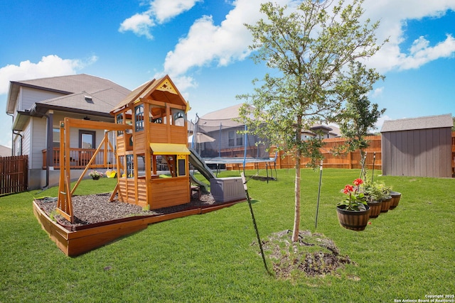 10259 Juniper Oaks, Boerne, TX 78006 - view of play area with a storage shed, a trampoline, and an outdoor structure