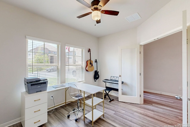 10259 Juniper Oaks, Boerne, TX 78006 - office area featuring light wood-style floors, ceiling fan, and baseboards
