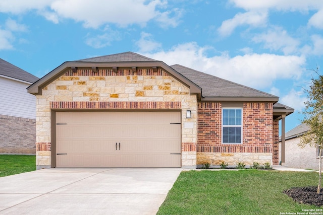 french country inspired facade featuring stone siding, driveway, an attached garage, a front lawn, and a shingled roof