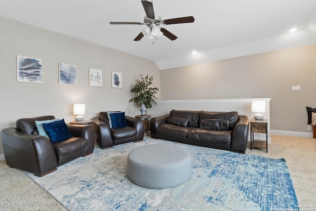 612 Wipper, New Braunfels, TX 78130 - living room with ceiling fan, carpet, baseboards, vaulted ceiling, and recessed lighting