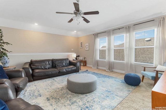612 Wipper, New Braunfels, TX 78130 - living room featuring ceiling fan, light carpet, baseboards, and recessed lighting