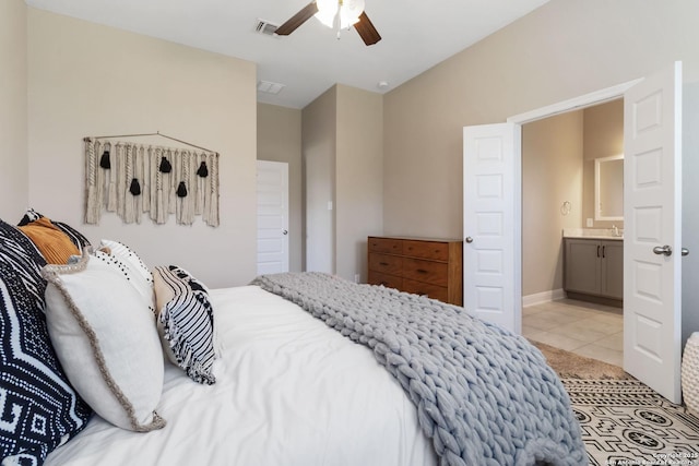 612 Wipper, New Braunfels, TX 78130 - bedroom with light tile patterned floors, a ceiling fan, connected bathroom, and a sink